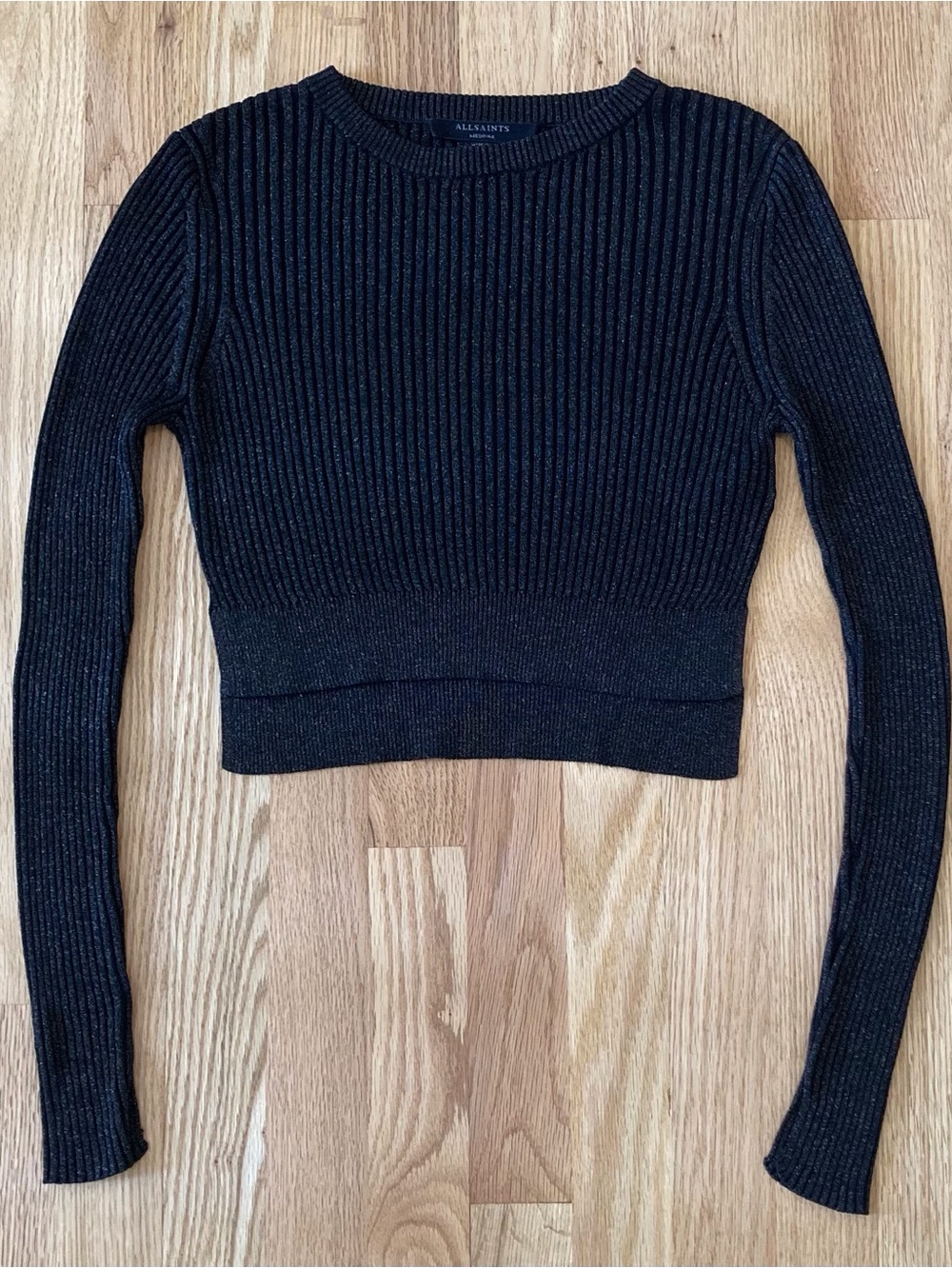 ALLSAINTS Kowlo Shine Jumper Sz M Black Ribbed Metallic Cropped Sweater